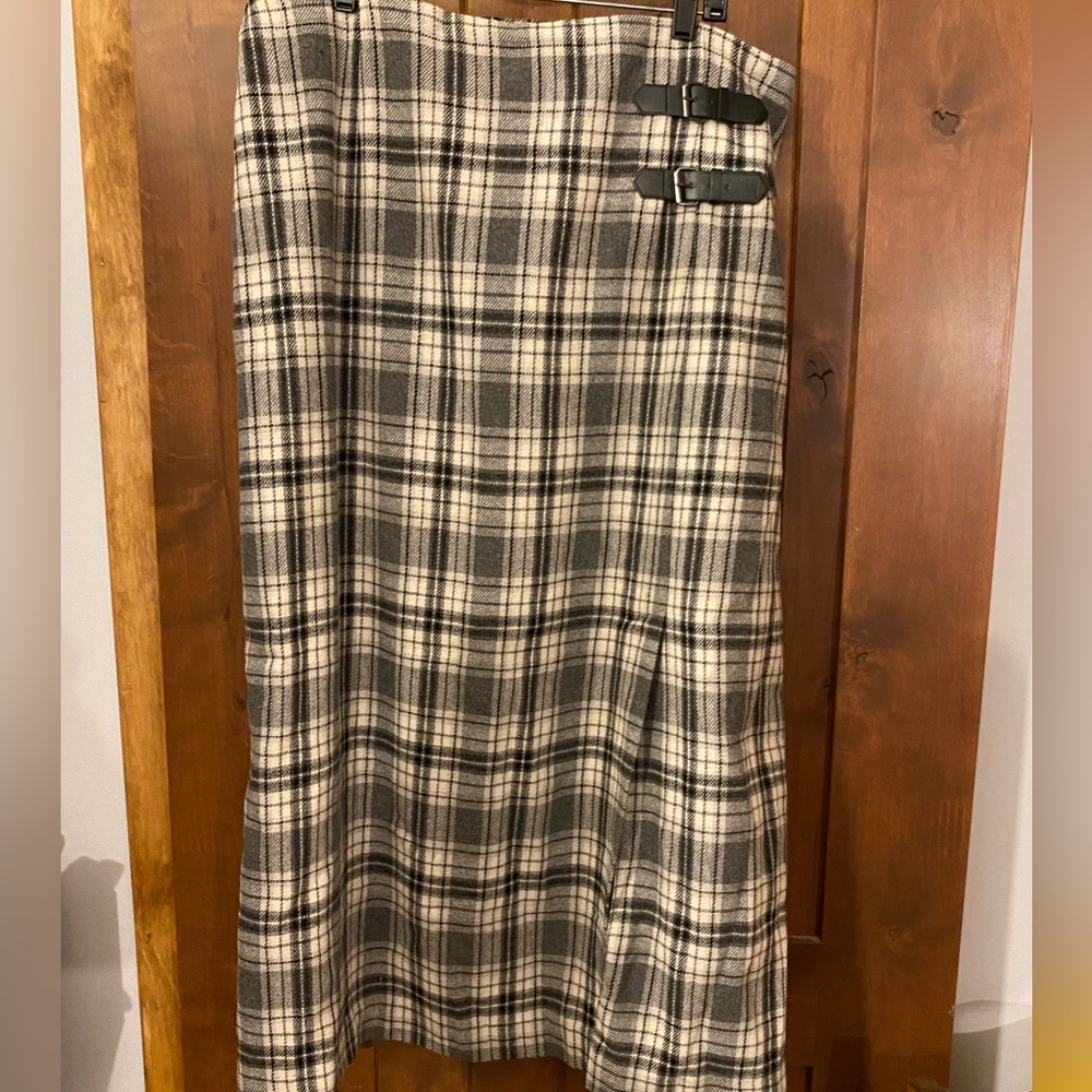 Jessica London Maxi Plaid skirt with slit and buckles